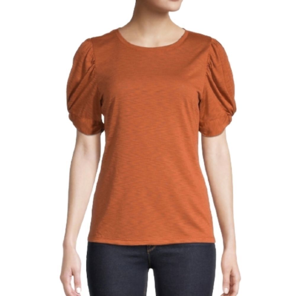 INC International Concepts Orange Puff-Sleeve Crew Neck Top Womens Size L